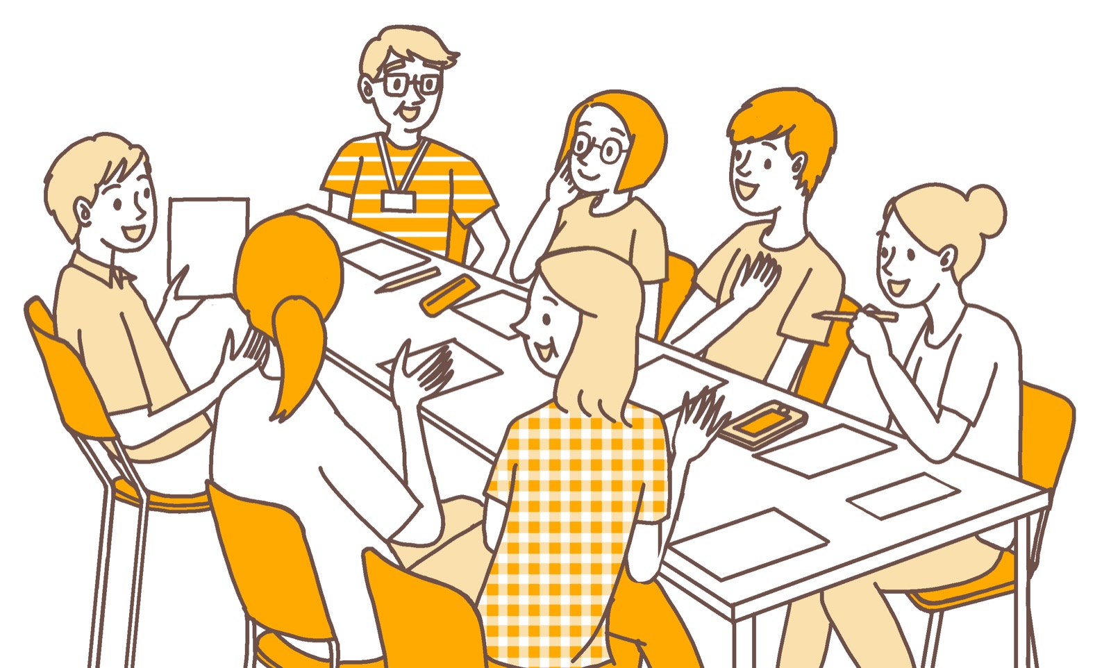 会議の席で話し合う人たちのイラスト
